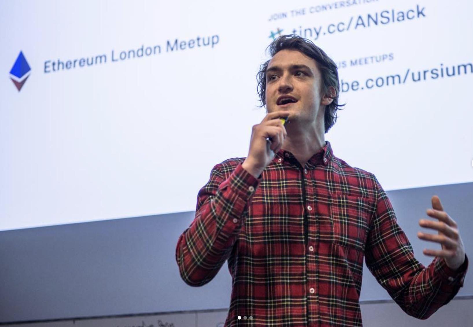 Cam speaking at an Ethereum London Meetup